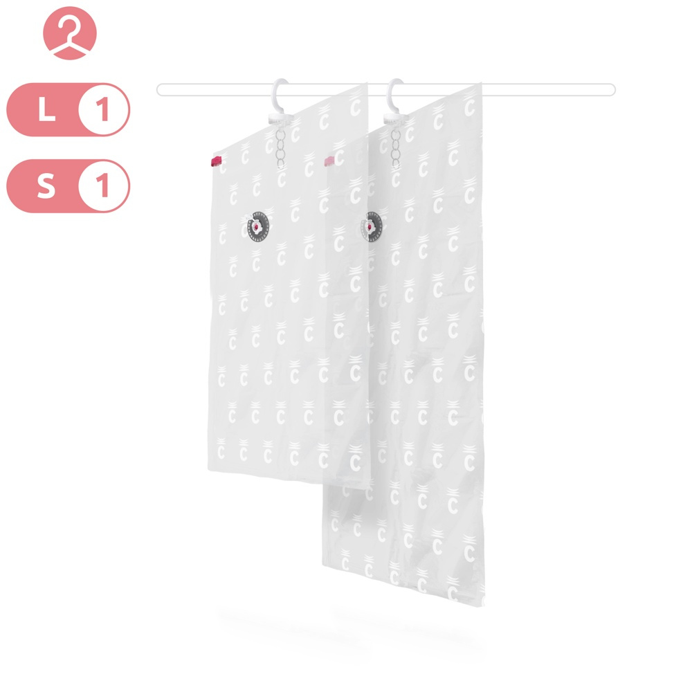 Vakuumpåsar med galge, 2 st, SET ESPACE DUO, Kort 70 x 105 cm + Lång 70 x 145 cm, Transparent i gruppen Förvaring / Garderobsförvaring / Vakuumförvaring / Hängande vakuumpåsar hos SmartaSaker.se (43177)