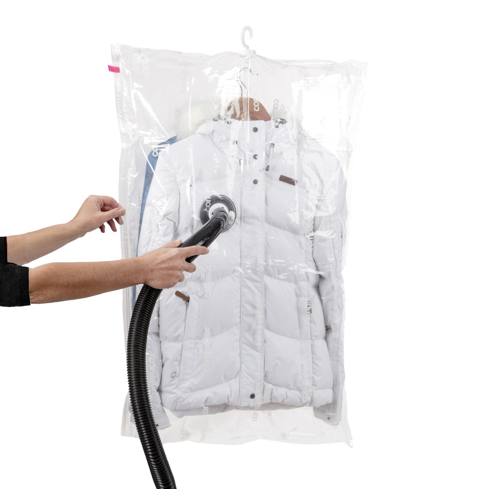 Vakuumpåsar med galge, 2 st, SET ESPACE DUO, Kort 70 x 105 cm + Lång 70 x 145 cm, Transparent i gruppen Förvaring / Garderobsförvaring / Vakuumförvaring / Hängande vakuumpåsar hos SmartaSaker.se (43177)
