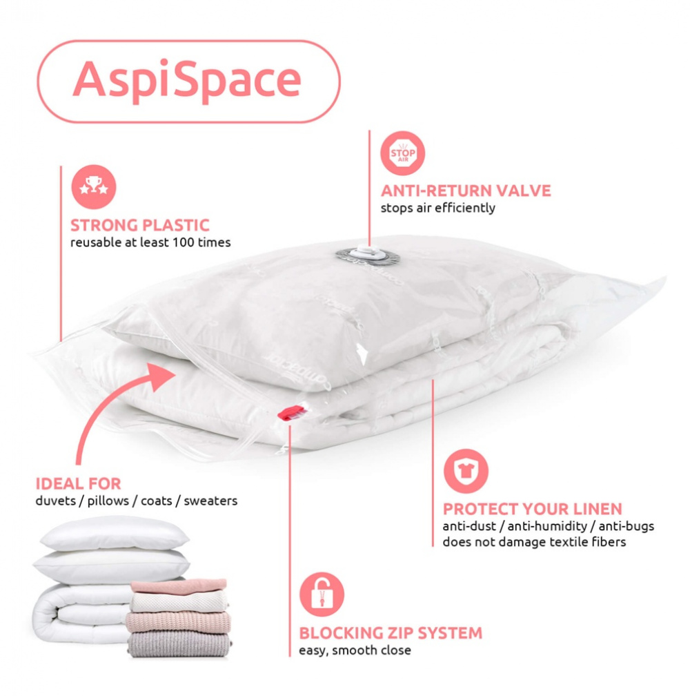 Vakuumpåsar Platta, 2 st, LARGE ASPISPACE, 100 x 80 cm, Klar i gruppen Förvaring / Garderobsförvaring / Vakuumförvaring / Kompakta vakuumpåsar hos SmartaSaker.se (43179)