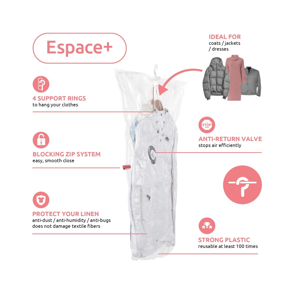 Vakuumpåse med galge, ESPACE LONG, Lång, 70 x H 145 cm, Transparent i gruppen Förvaring / Garderobsförvaring / Vakuumförvaring / Hängande vakuumpåsar hos SmartaSaker.se (43187)